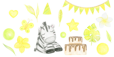 Watercolor Hand Drawn Cute Zebra Birthday Holiday Set Illustration