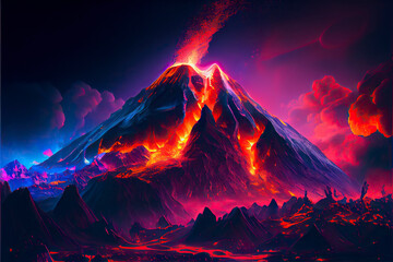 Fantasy volcano, neon colors, magic lights. Generative AI.