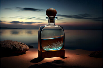 transparent spray bottle of perfume close up backdrop of sea at night. Presentation of unisex perfumes in sea environment.