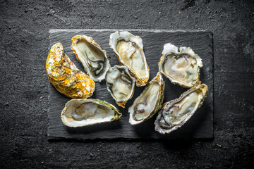 Fresh oysters ina stone Board.