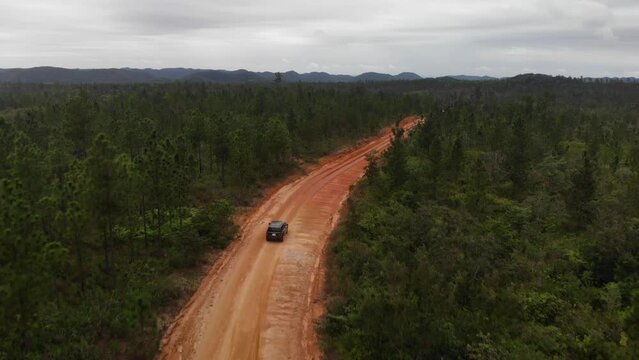 Drone shots of Dirt Road in the Belize Jungle leading to the Mayan Temple of Caracol, Aerial Drone video