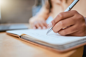 Schedule, writing and zoom of hand with notebook for planning, inspiration and creative ideas....