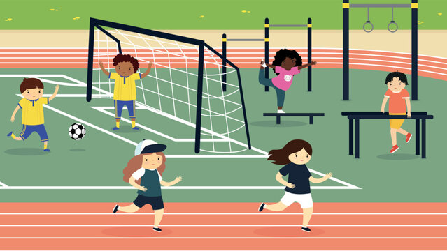 Children on the sports ground at school - vector clipart