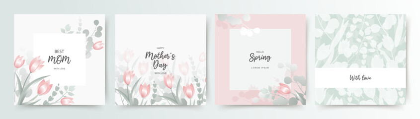 Spring floral square backgrounds with pink tulips and leaves. Happy Mother's Day greeting card. Vector illustration for card, banner, invitation, social media post, poster, mobile apps, advertising