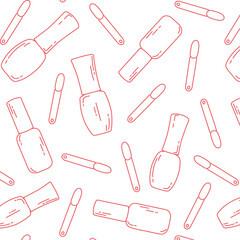 doodle seamless pattern with manicure supplies, banner with nail polish for beauty salon, store, poster on black background with pink lines