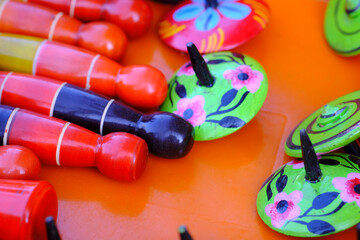 Traditional handmade Colorful toys made from wood, wooden toys, family, selective focus.