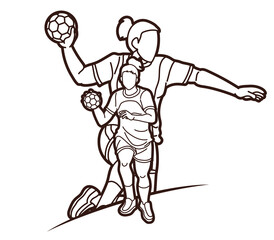 Handball Sport Female Players Mix Action Cartoon Graphic Vector