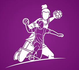 Handball Sport Female Players Mix Action Cartoon Graphic Vector