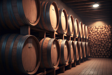 wine cellar with barrels, generative ai