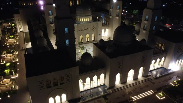 Aerial Drone view of Beautiful architecture of the Sheikh Zayed Solo Mosque. Sheikh Zayed Solo Mosque is a big Mosque in Surakarta, Landmark Surakarta.