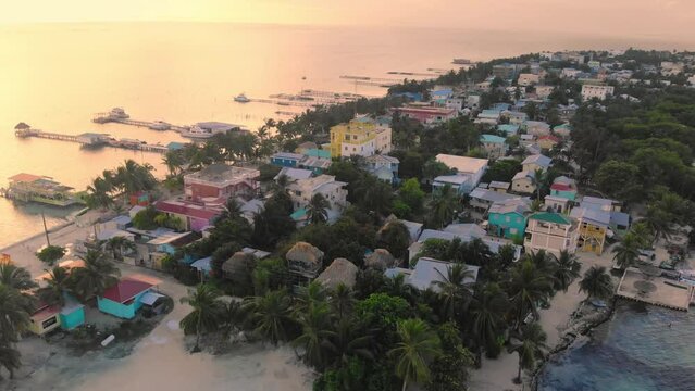 Tropical Island Drone Footage. Caye Caulker in Belize. Aerial Drone of Paradisiac Island.