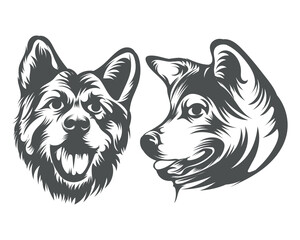 Akita Dog Face illustration, Black and White Dog Face Silhouette 