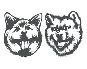 Akita Dog Face illustration, Black and White Dog Face Silhouette 