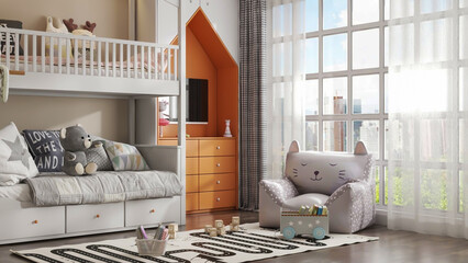 Fototapeta na wymiar 3d render modern children room bedroom interior scene