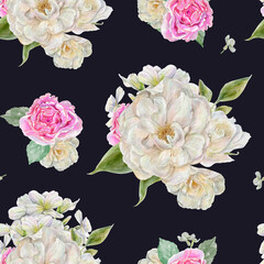 Vintage watercolor seamless pattern with White and pink roses. Floral texture on a dark background.