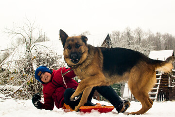 Children and a dog play in nature in winter.