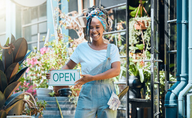 Flowers, open sign and store portrait of woman, startup small business owner or manager with retail...