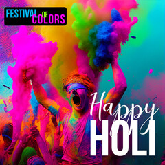 postcard for the Indian holiday of Holi festival of colors with people throwing colorful powder at each other and the inscription Happy Holi, generative AI