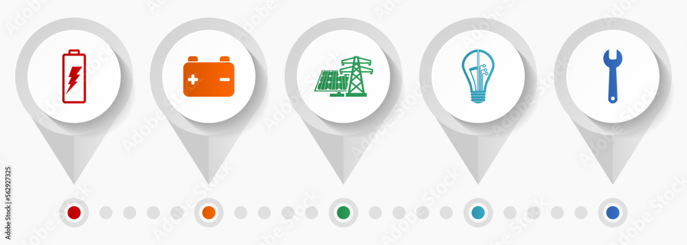Poster power and energy vector icons, electricity flat design web pointers collection, business concept inf