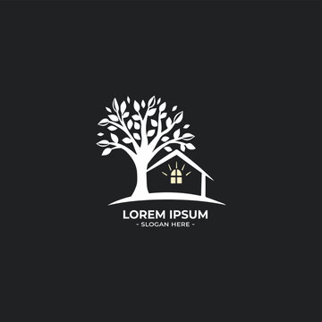 house and tree logo on black background