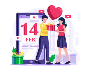 Young man giving a gift to his girlfriend. Couple in love. Celebrating Valentine's day or Birthday concept illustration