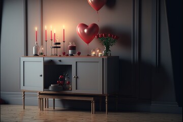Luxurious house interior decorated for valentine's day with balloons, flowers, chocolates and candles. valentine day celebration in house. Generative AI
