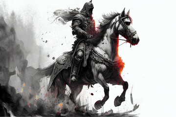 a knight in heavy armor sitting on his horse and riding into battle, concept art, ai art, character design - obrazy, fototapety, plakaty