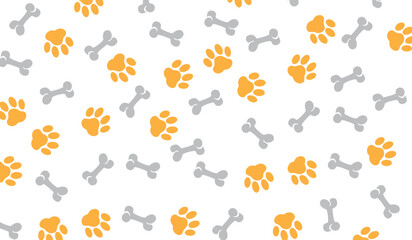 Many prints of dog paws and bones on white background. Pattern for design