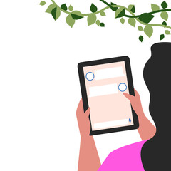 an empty screen in his hands. a woman holds a tablet. mobile communication. Internet. remote communication