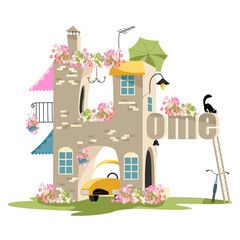 Plakat beautiful house. vector image of the house. a comfortable home. summer cityscape with flowers. sweet home