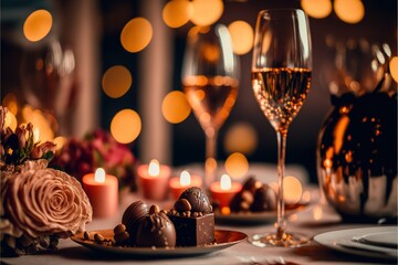  valentine day champagne, roses, chocolate, and bokeh background , valentine day with candle light dinner, balloons, Generative AI
