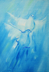 Couple doves in love on blue sky. Hand drawn oil painting on canvas textures. Bitmap image