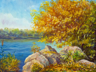 River coast landscape with stones and trees. Autumn season. Hand drawn oil painting on canvas textures. Bitmap image