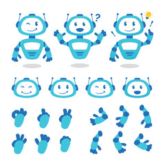 Cute simple robot cartoon character vector illustration set animation Robot elements futuristic cybernetic objects