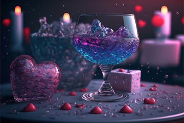 Valentine's day celebration in ice glass objects magic objects champagne, roses, heart shaped glass, candles, Generative AI