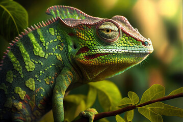 Obraz premium Chameleon lizard on a branch, generative ai