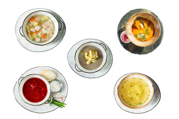 Various soups. Traditional dishes from different countries. Collage, set. Top view. Isolated on white background.