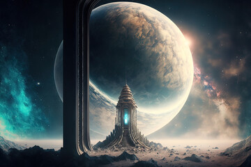 Fantasy night space landscape with sci-fi observatory, platform, starry sky, nebulae, neon. AI