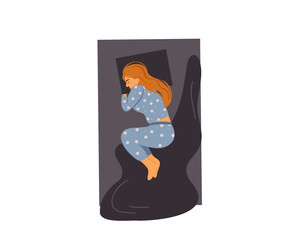 A red-haired woman in pajamas lies in bed on her side, isolated on a white background.Top view.  Flat vector illustration