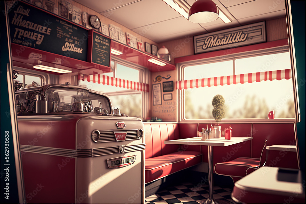 Wall mural Interior of an american diner 50s style generated in AI