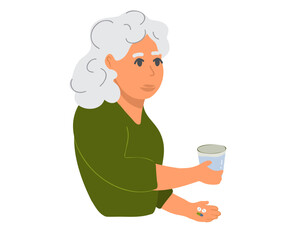 An elderly or old woman is holding pills with a glass of water. Self care. Flat vector illustration