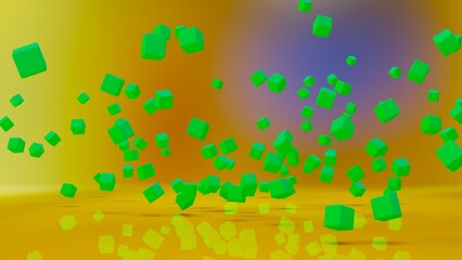 A set of many lime green cubes that are collapsing under colorful lighting background. Conceptual 3D CG of blockchain, financial system and personal data analysis.