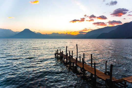 Beautiful sunset over lake and mountains, Lake Atitlan Guatemala