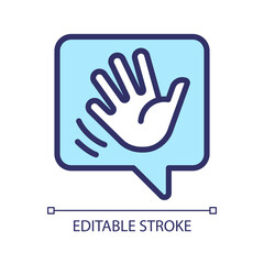 Fototapeta premium Saying hello pixel perfect RGB color icon. Greeting chat bubble with waving hand. Communication on social media. Isolated vector illustration. Simple filled line drawing. Editable stroke