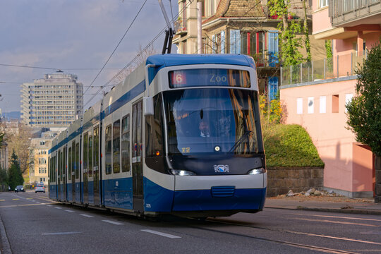 Tram line 6 destination Zoo at City of Z&uuml;rich on a blue cloudy autumn day. Photo taken December 8th, 2022, Z&uuml;rich, Switzerland.
