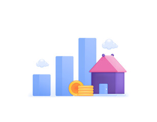symbol of house, coin, cloud, bar chart. concept of property investment, rising house prices, estimation of property business profits. 3d and realistic concept design. graphic elements