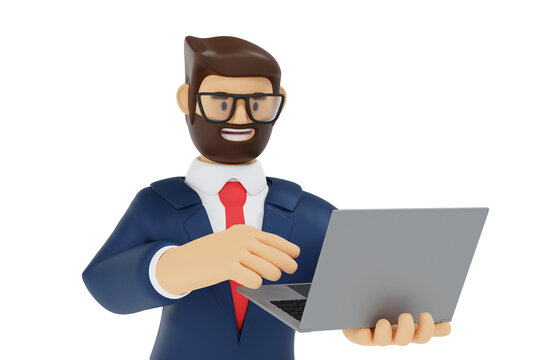 Happy bearded businessman cartoon character, holding laptop pointing finger at blank screen computer, 3D rendering.