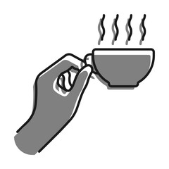 Linear filled with gray color icon. Hand Hold Coffee Cup With Hot Drink And Steam. Morning Invigorating Tea For Good Mood. Simple black and white vector Isolated On white background
