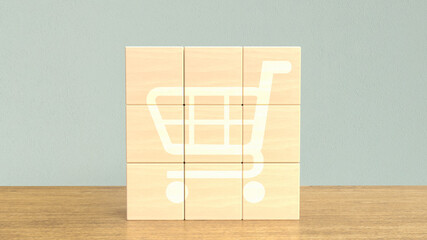 The shopping cart icon  on wood cube for business concept 3d rendering © niphon