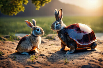 abstract two hybrid animals rabbit with turtle shell looking at each other staying on the ground in the grass under tree with sun shining in back,generative AI
    rabbit  and turtle hybrid, - obrazy, fototapety, plakaty